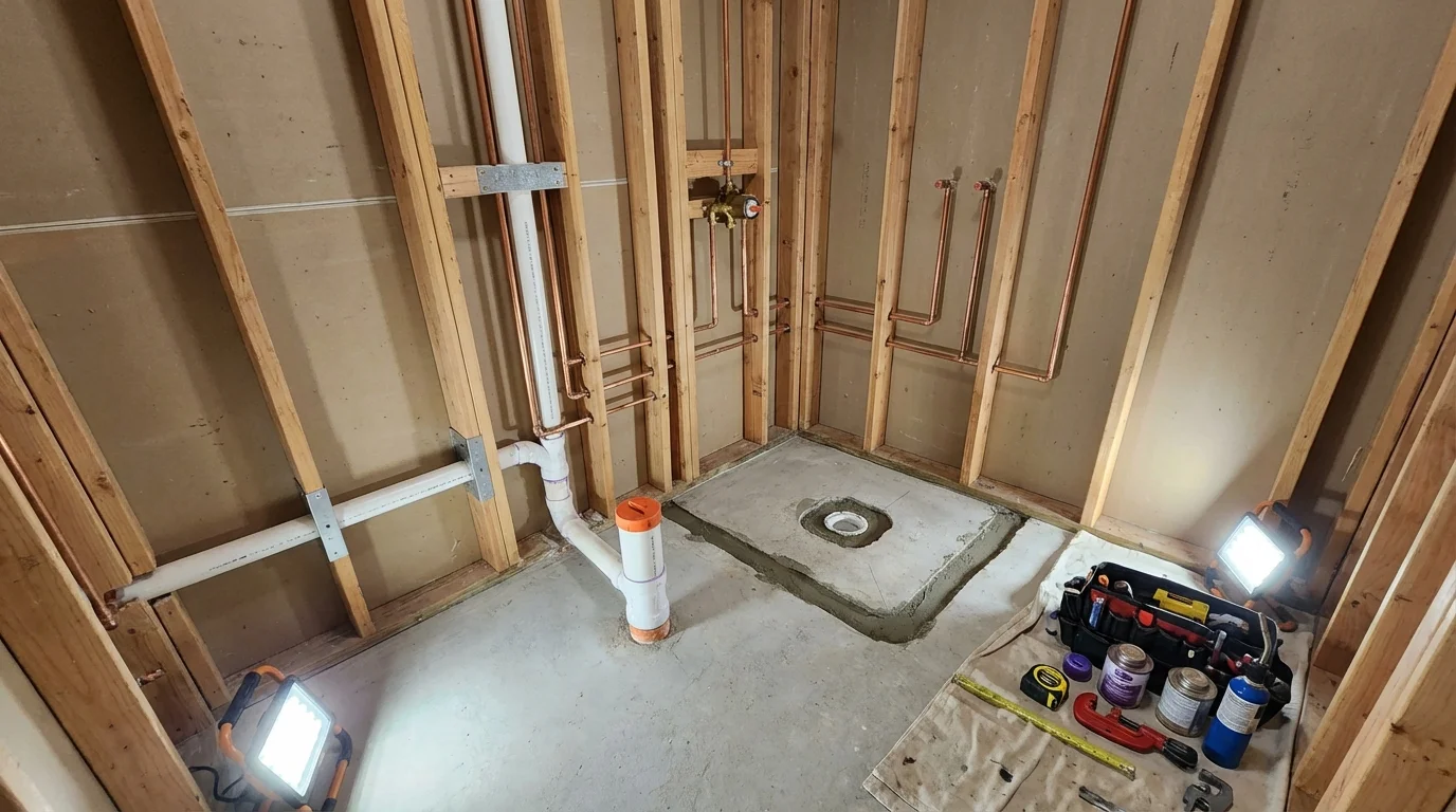 Bathroom rough-in plumbing during remodel by Johns Plumbing LLC in Friend