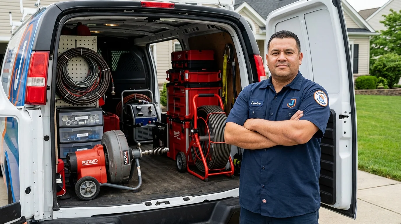Professional drain cleaning equipment and Johns Plumbing LLC plumber in Friend