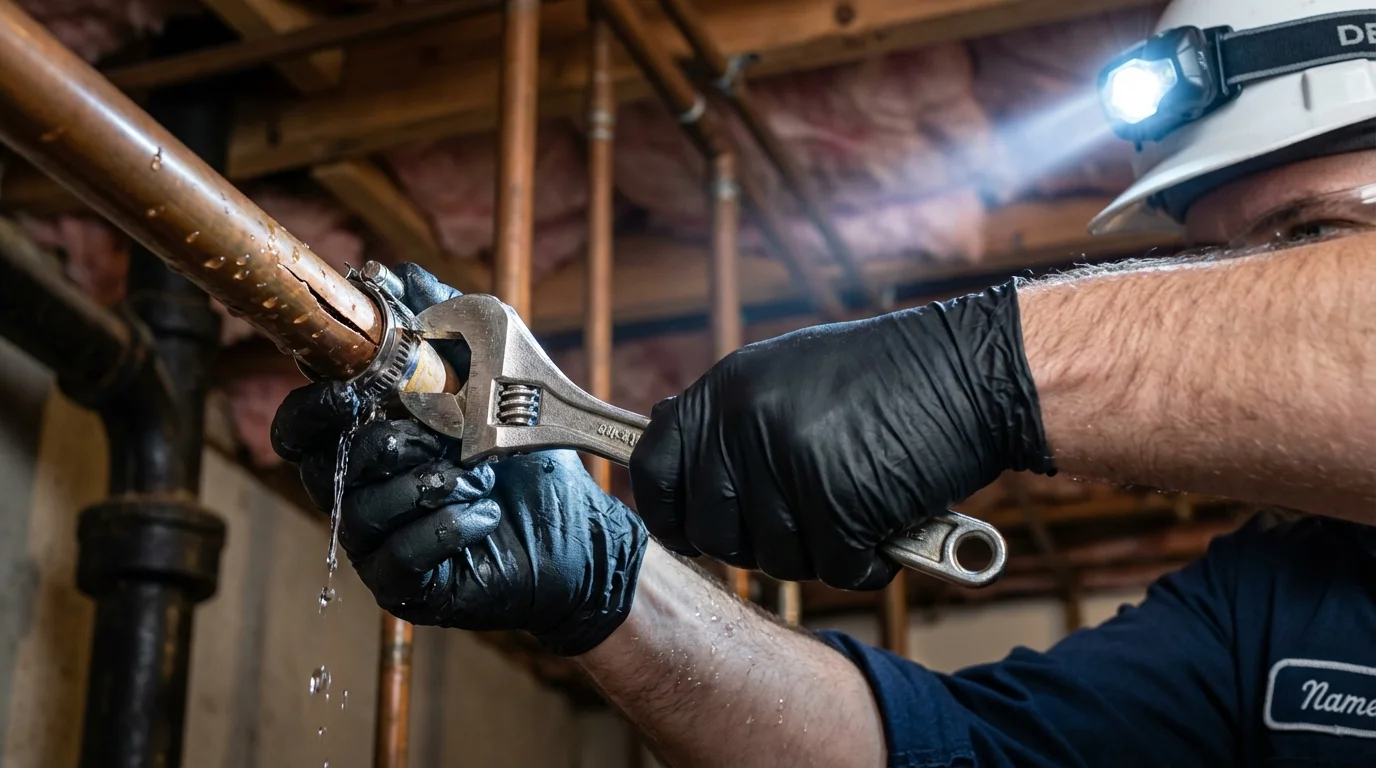 Emergency pipe clamp repair being performed by a Johns Plumbing LLC plumber in Friend
