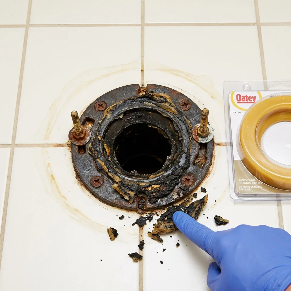 Failed wax ring showing water seepage at the base of a toilet in a Friend, NE home