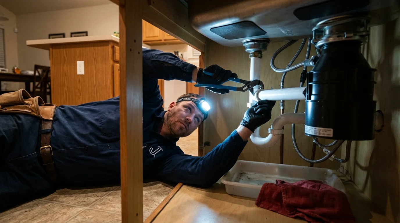 P-trap and supply line connections under a kitchen sink showing a common leak point in Friend, NE